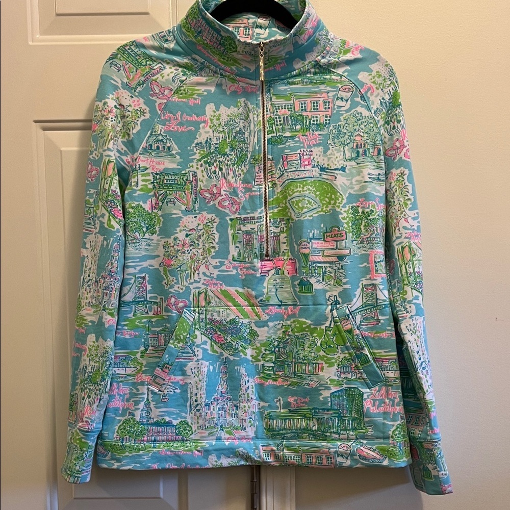 Lilly Pulitzer Blue and Pink Printed skipper 1/2 zipper top size M
